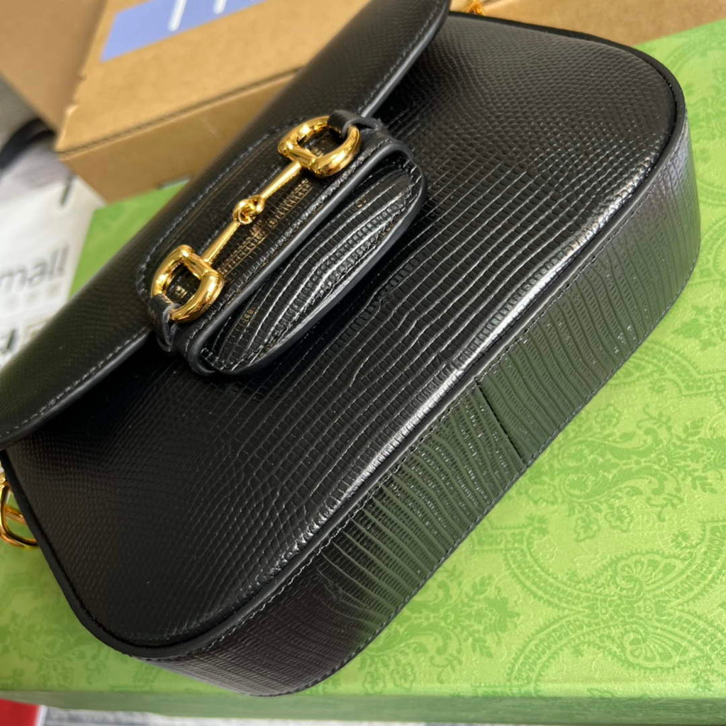 Gucci 675801 Horsebit 1955 lizard mini bag black leather