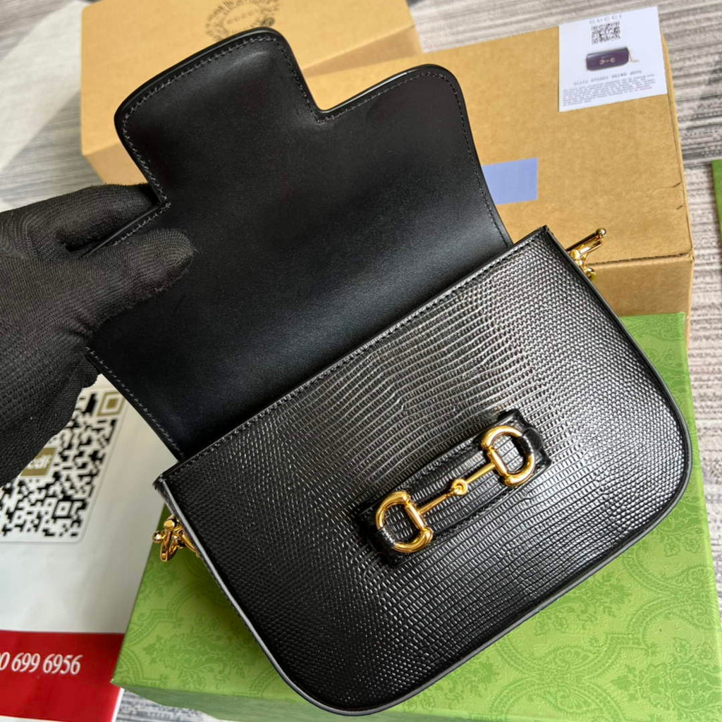 Gucci 675801 Horsebit 1955 lizard mini bag black leather