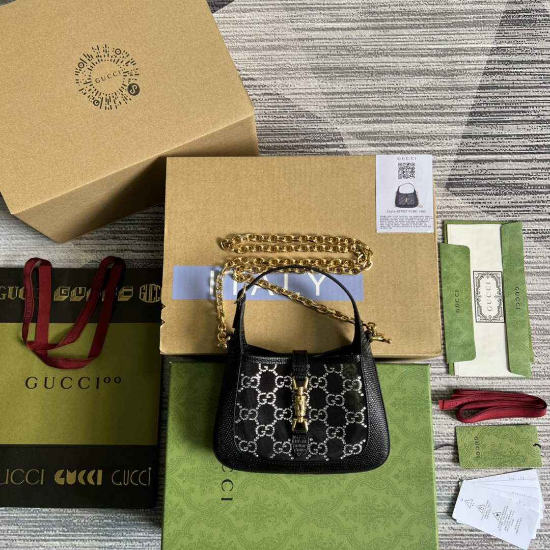 Gucci ‎677027 Jackie 1961 mini crystal GG lizard bag Black