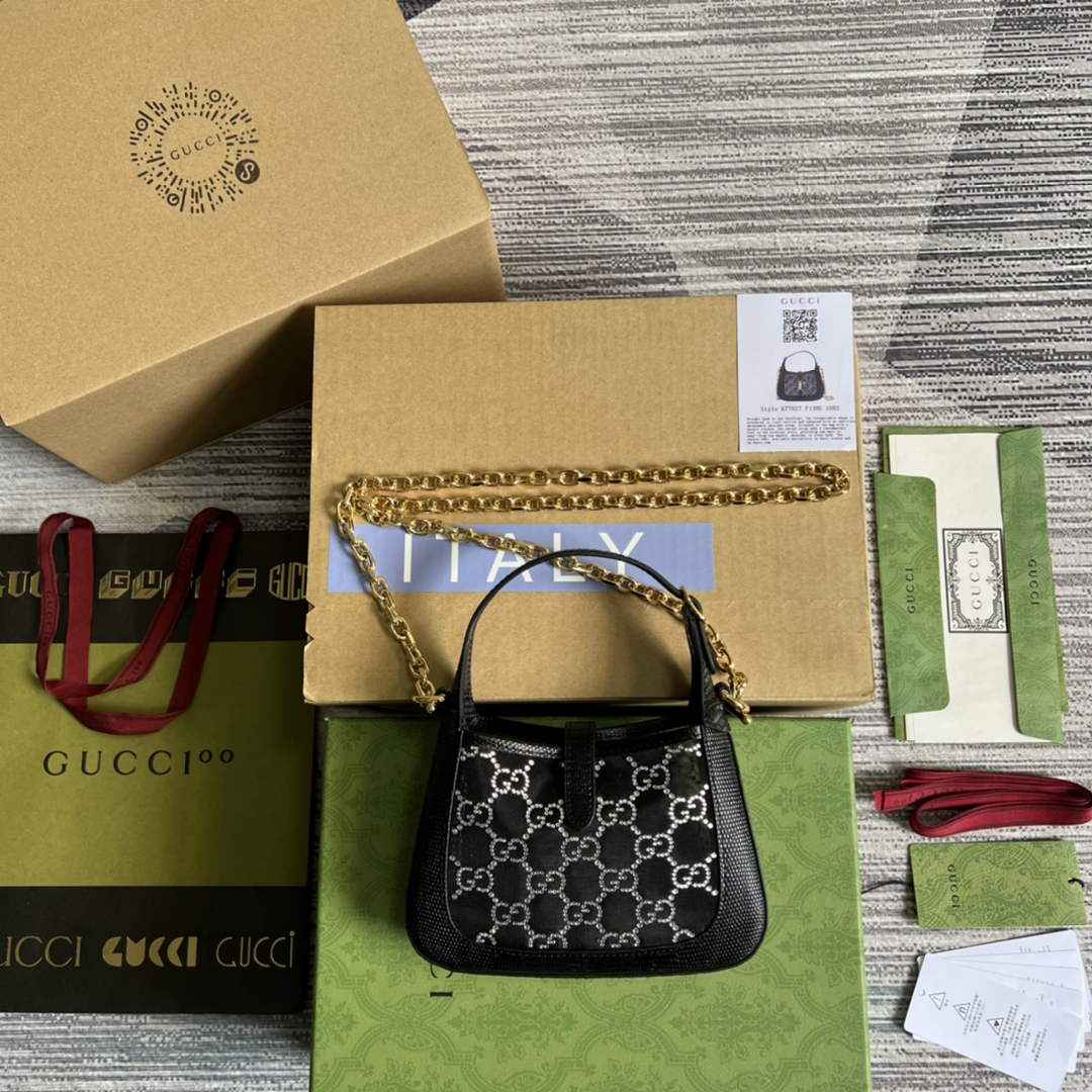 Gucci ‎677027 Jackie 1961 mini crystal GG lizard bag Black