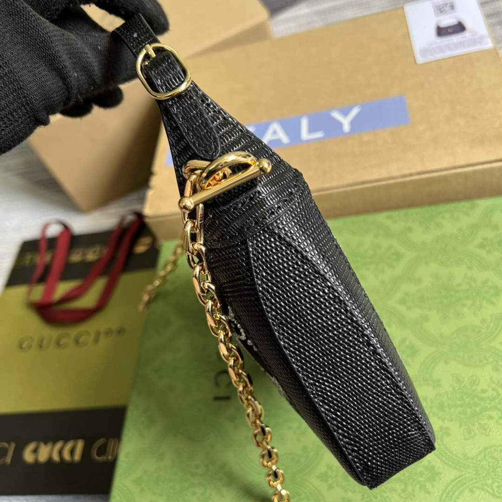 Gucci ‎677027 Jackie 1961 mini crystal GG lizard bag Black
