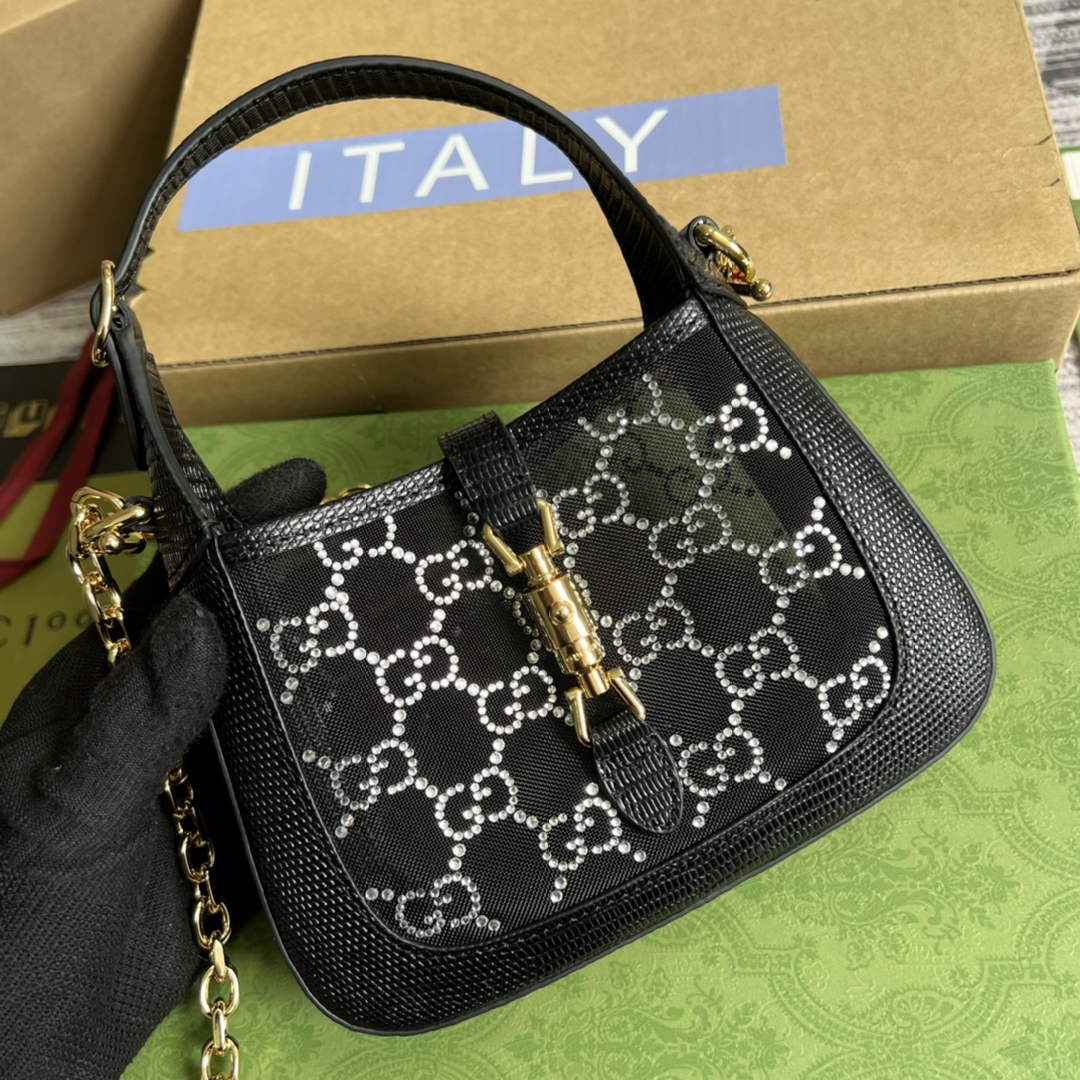 Gucci ‎677027 Jackie 1961 mini crystal GG lizard bag Black