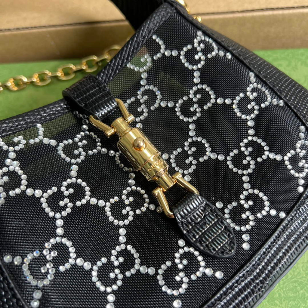 Gucci ‎677027 Jackie 1961 mini crystal GG lizard bag Black