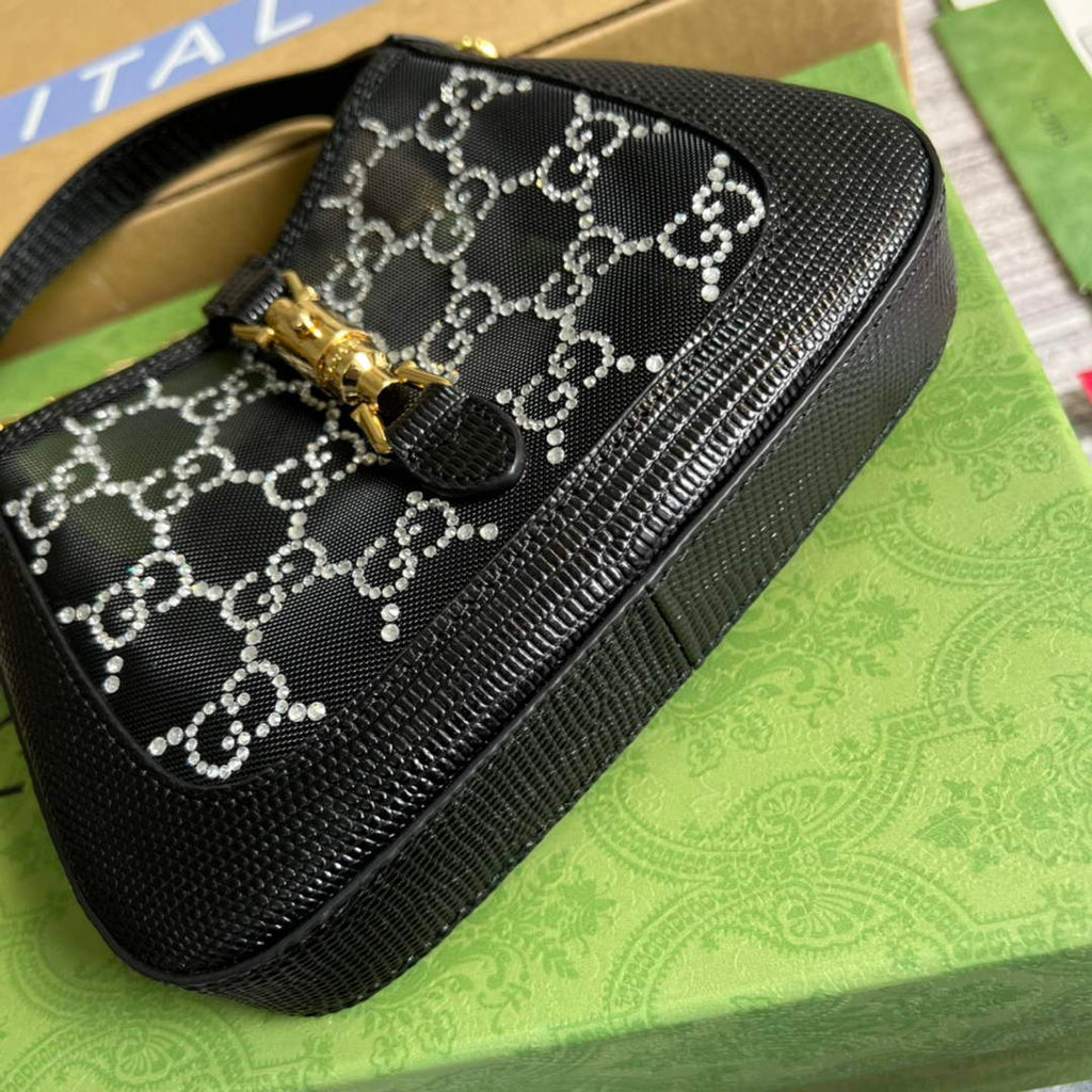 Gucci ‎677027 Jackie 1961 mini crystal GG lizard bag Black