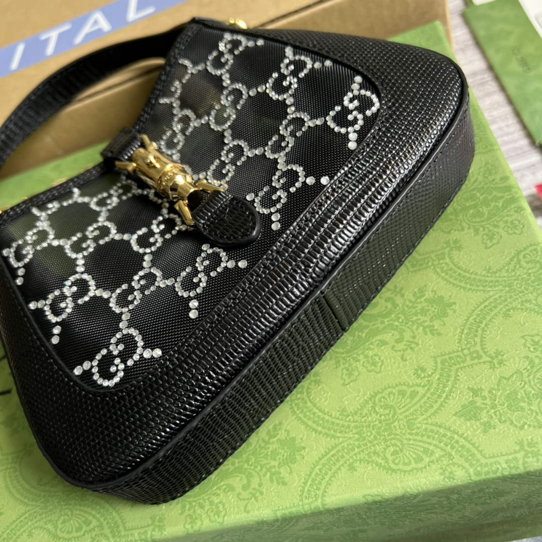 Gucci ‎677027 Jackie 1961 mini crystal GG lizard bag Black