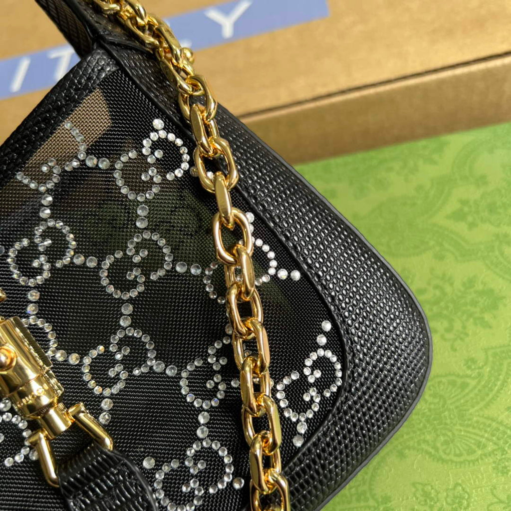 Gucci ‎677027 Jackie 1961 mini crystal GG lizard bag Black