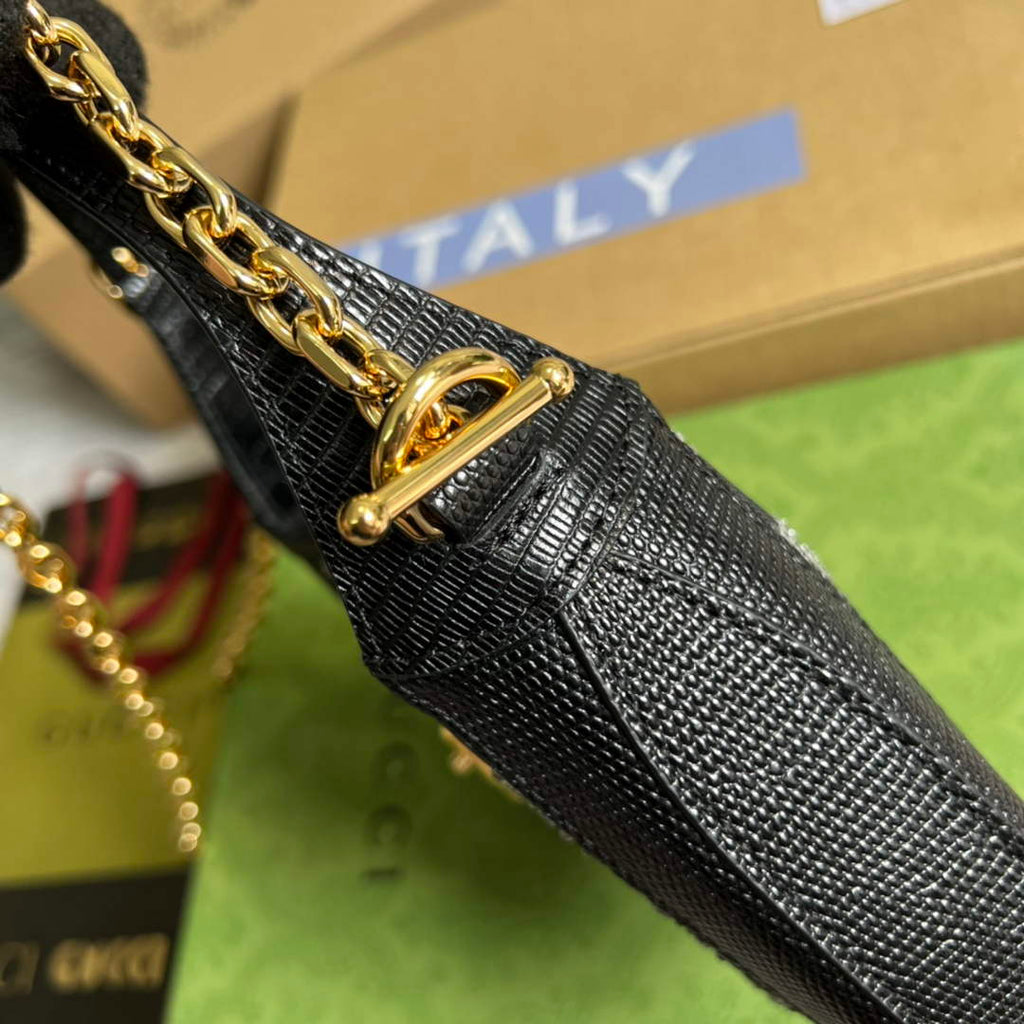 Gucci ‎677027 Jackie 1961 mini crystal GG lizard bag Black