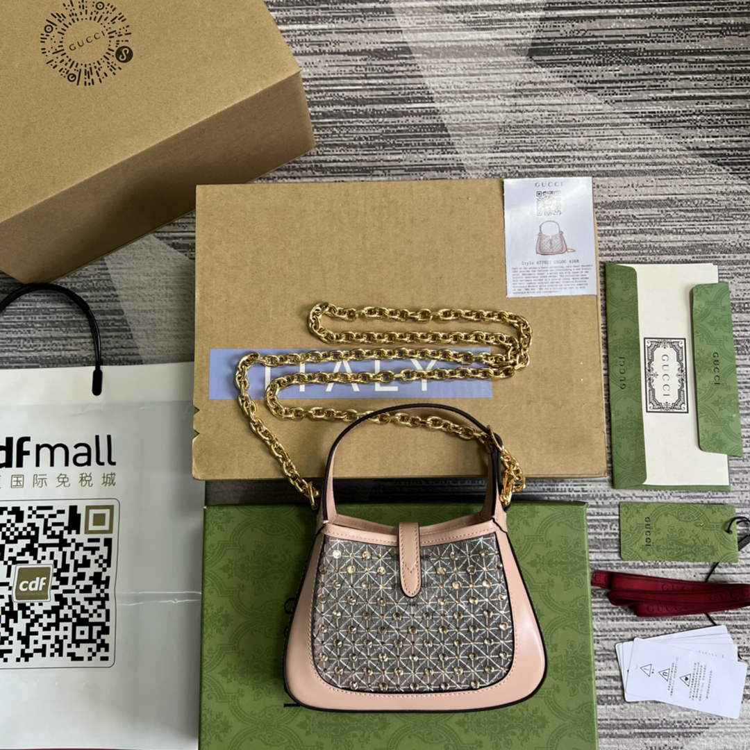 Gucci ‎677027 Jackie 1961 mini crystal GG lizard bag Pink