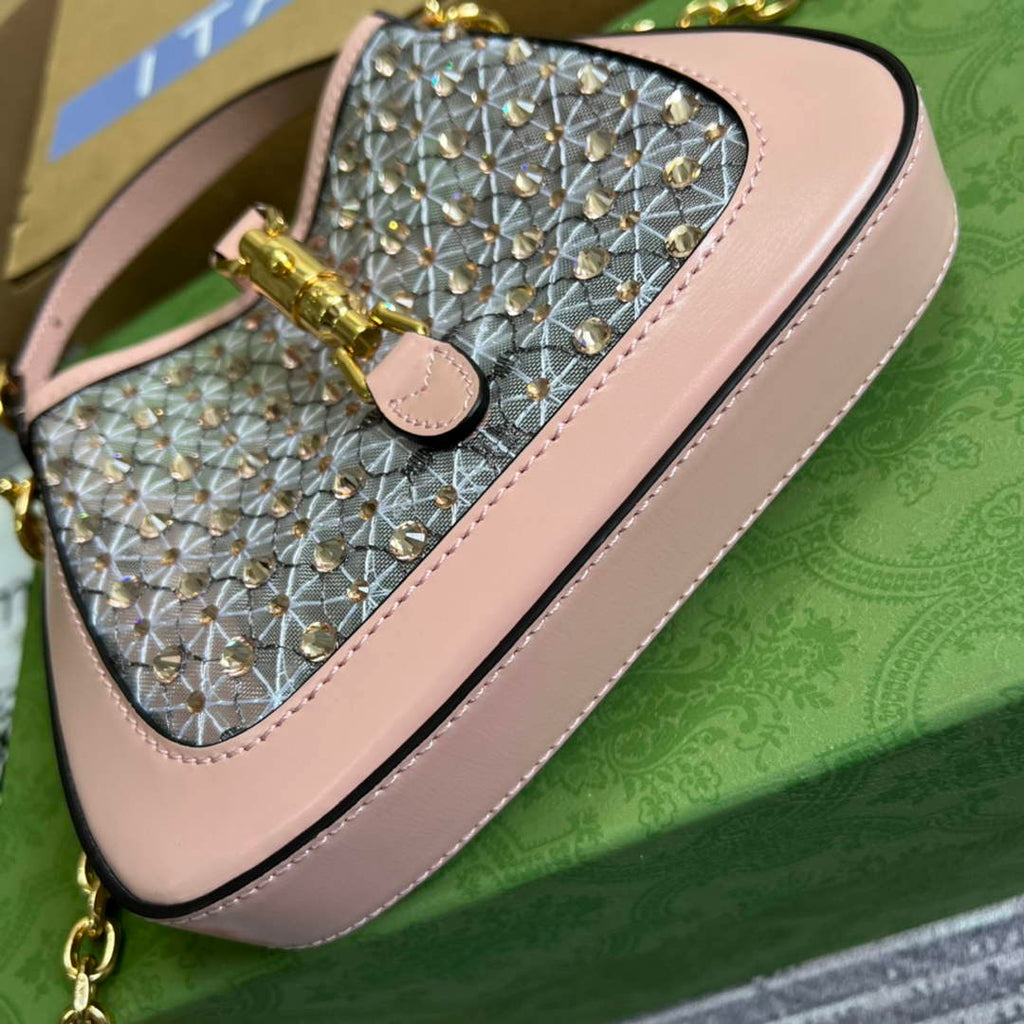 Gucci ‎677027 Jackie 1961 mini crystal GG lizard bag Pink