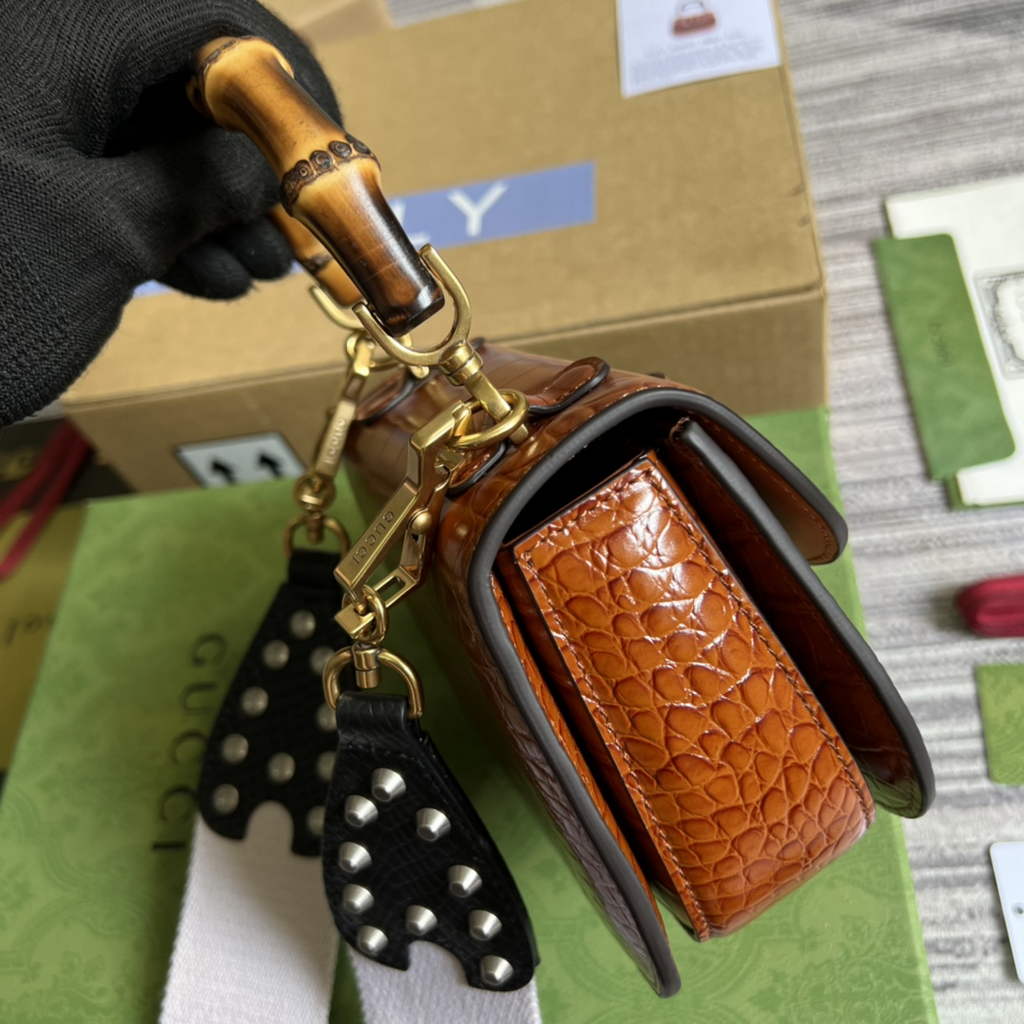 Gucci 686864 Bamboo 1947 mini top handle bag brown crocodile leather
