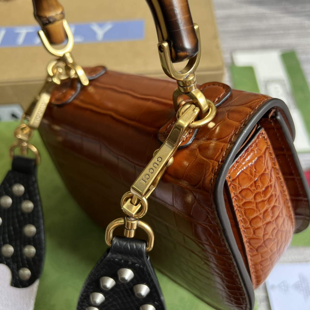 Gucci 686864 Bamboo 1947 mini top handle bag brown crocodile leather