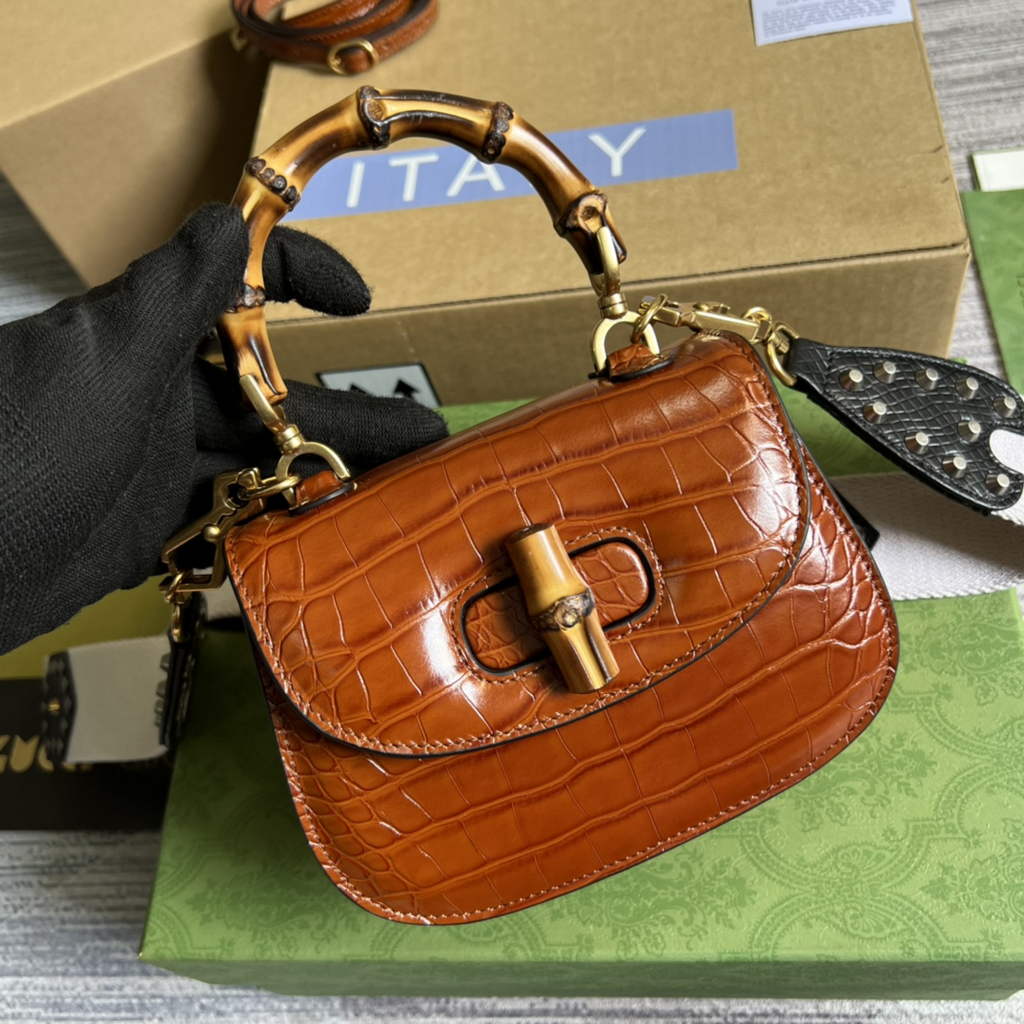Gucci 686864 Bamboo 1947 mini top handle bag brown crocodile leather