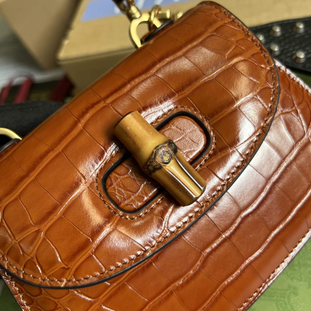 Gucci 686864 Bamboo 1947 mini top handle bag brown crocodile leather