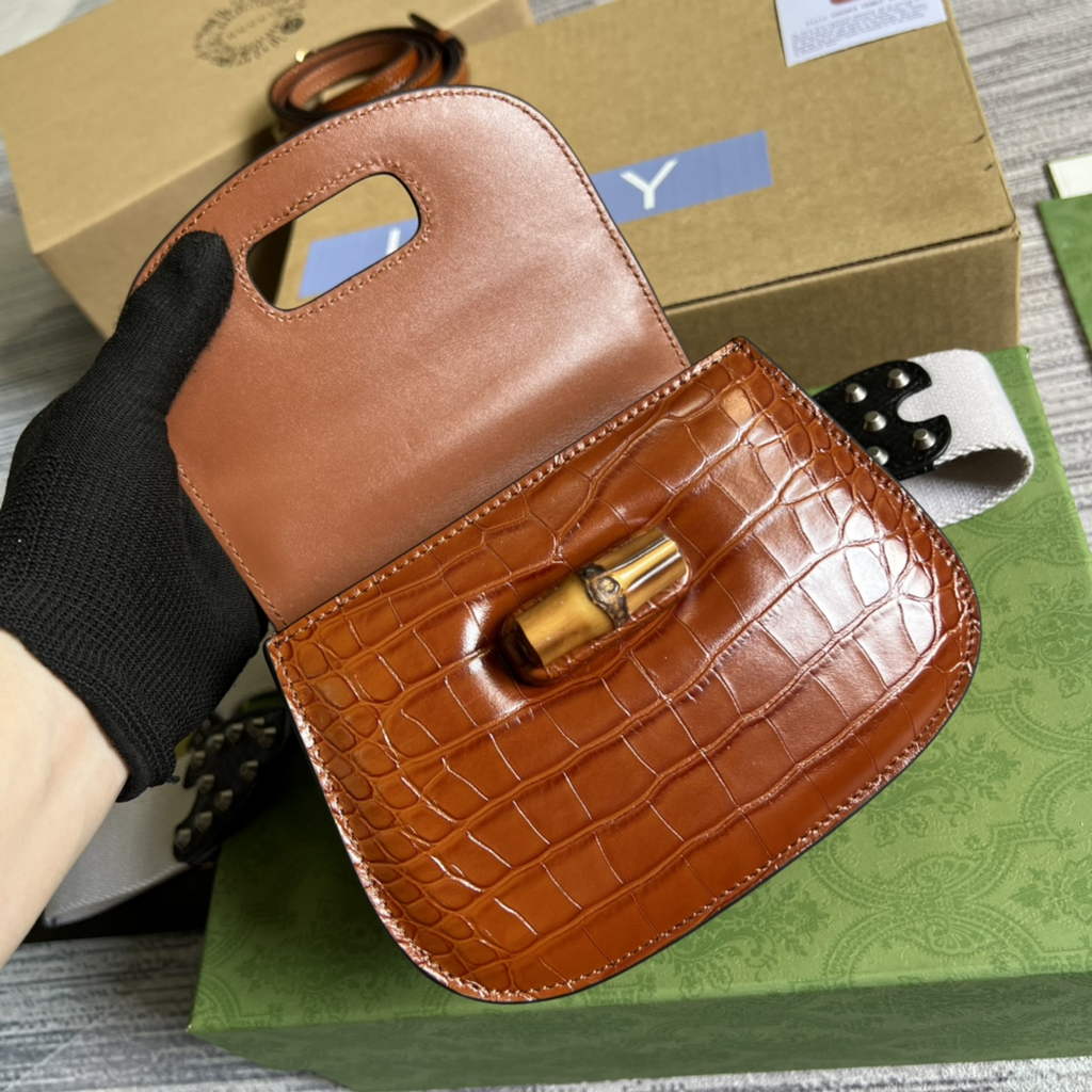 Gucci 686864 Bamboo 1947 mini top handle bag brown crocodile leather