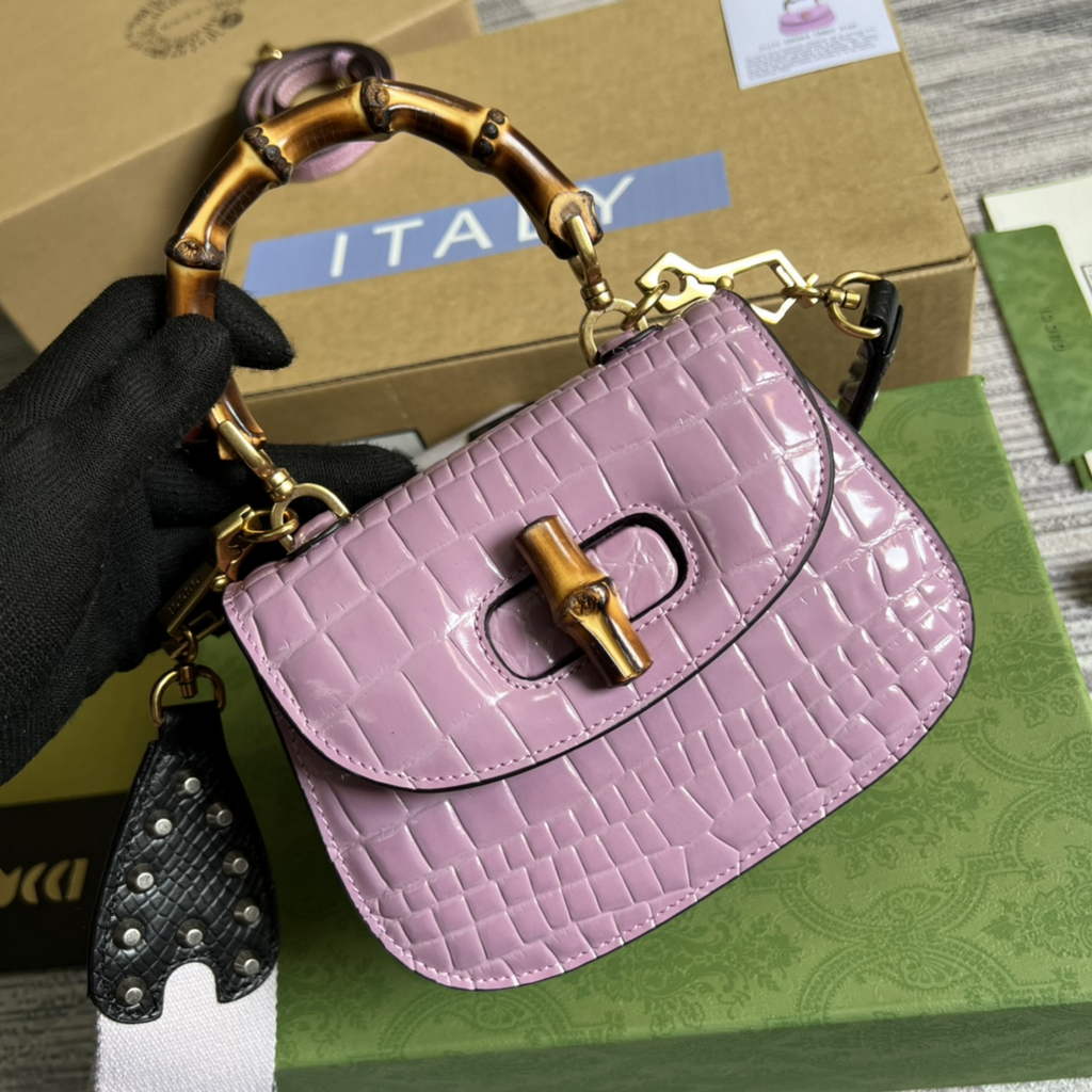 Gucci 686864 Bamboo 1947 mini top handle bag Purple crocodile leather