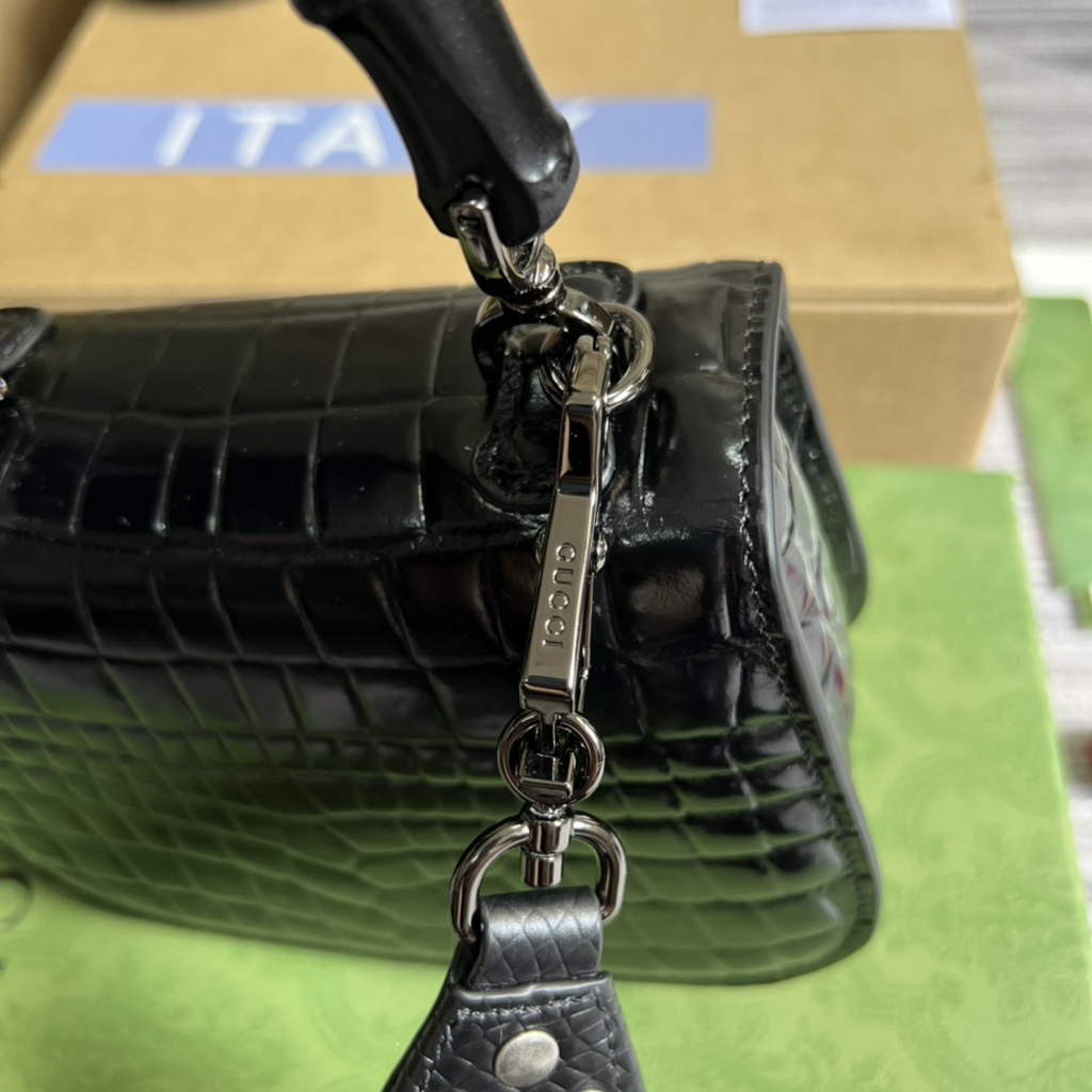 Gucci 686864 Bamboo 1947 mini top handle bag black crocodile leather