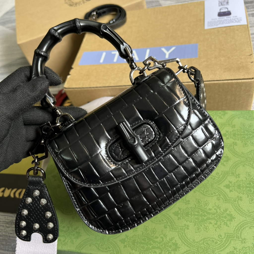 Gucci 686864 Bamboo 1947 mini top handle bag black crocodile leather