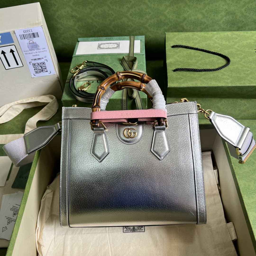Gucci 702721 Diana Small Tote Bag Silver Leather