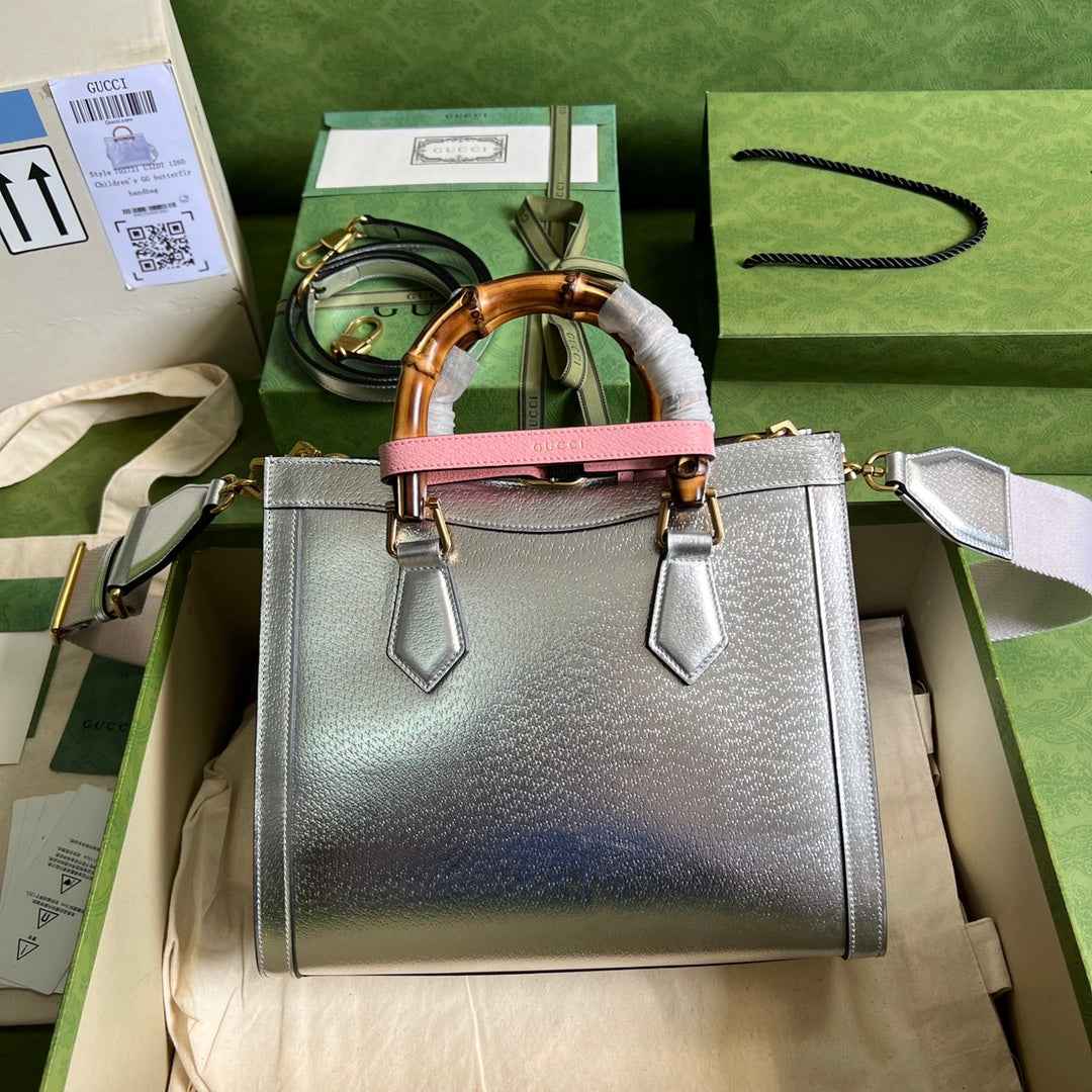 Gucci 702721 Diana Small Tote Bag Silver Leather
