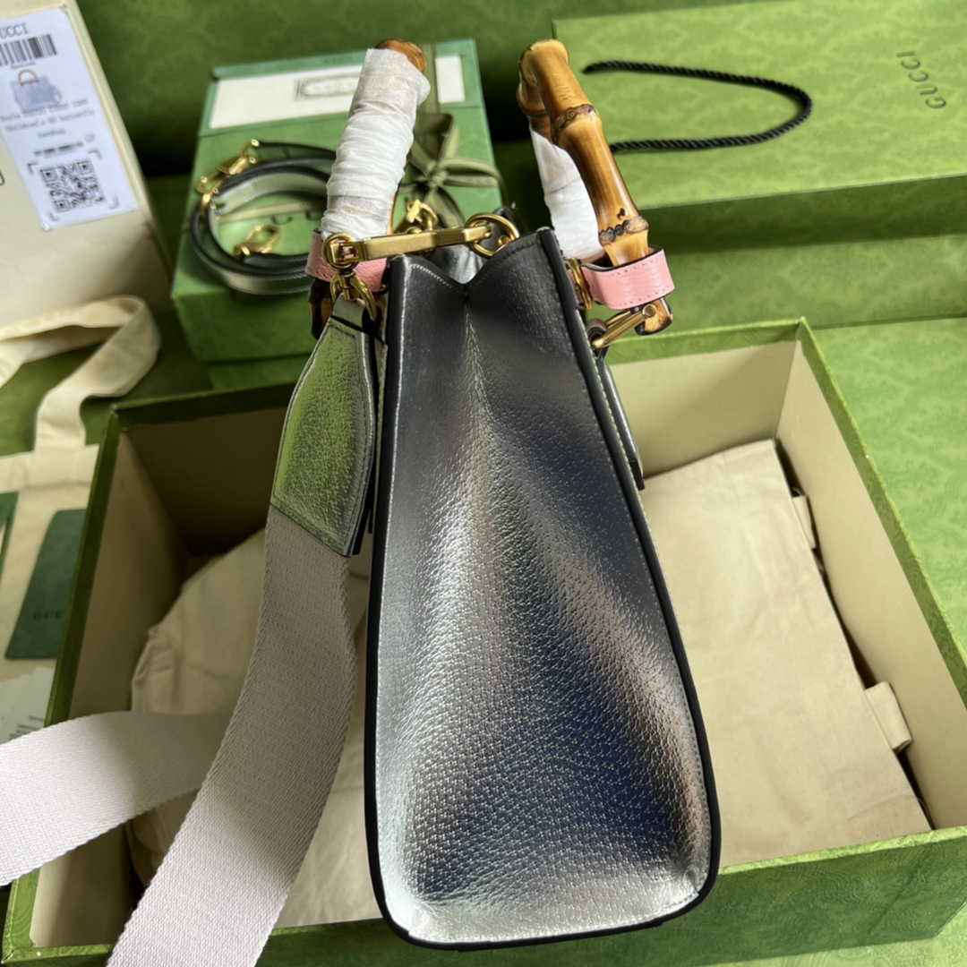 Gucci 702721 Diana Small Tote Bag Silver Leather