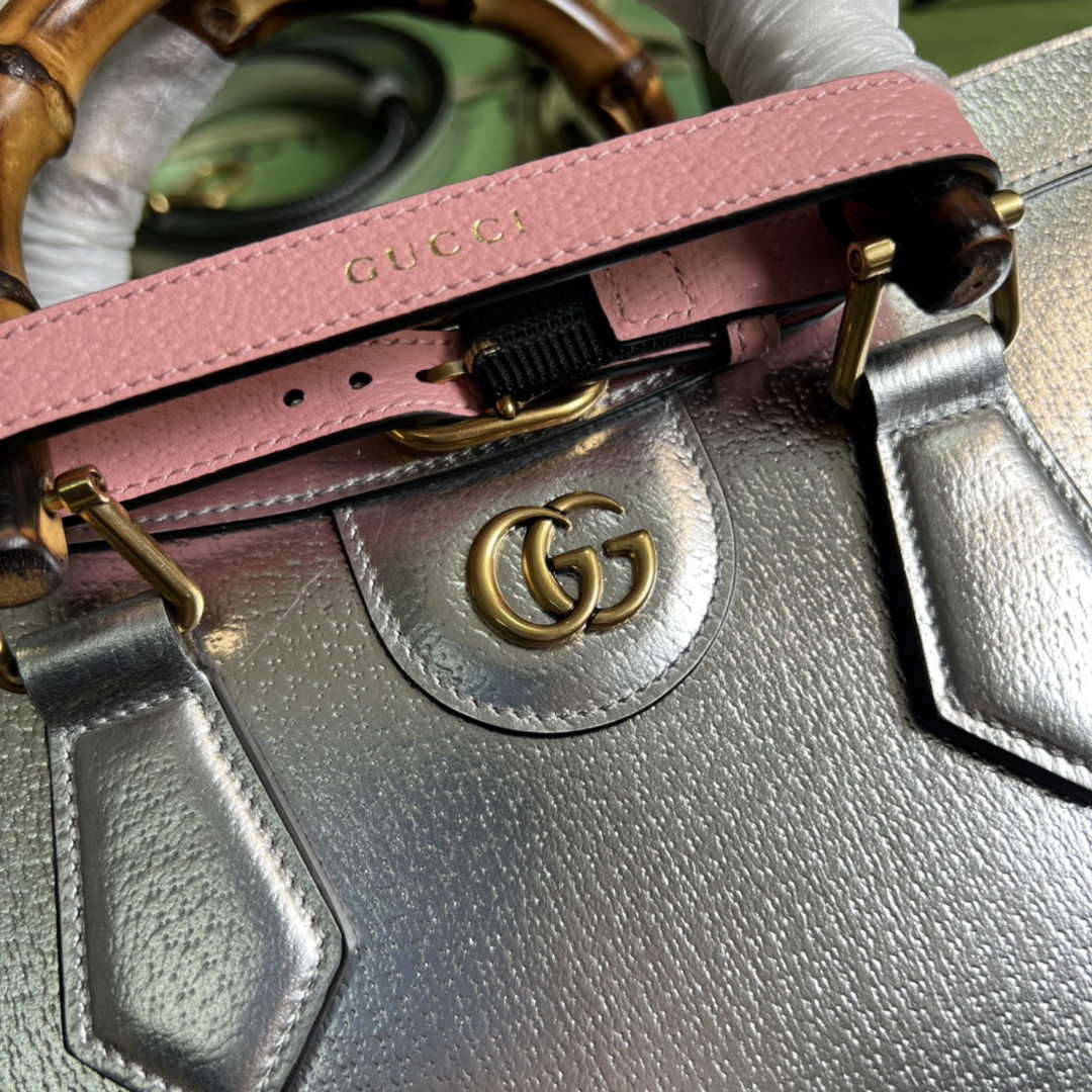 Gucci 702721 Diana Small Tote Bag Silver Leather