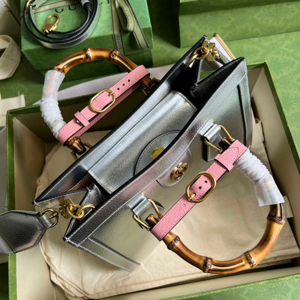 Gucci 702721 Diana Small Tote Bag Silver Leather
