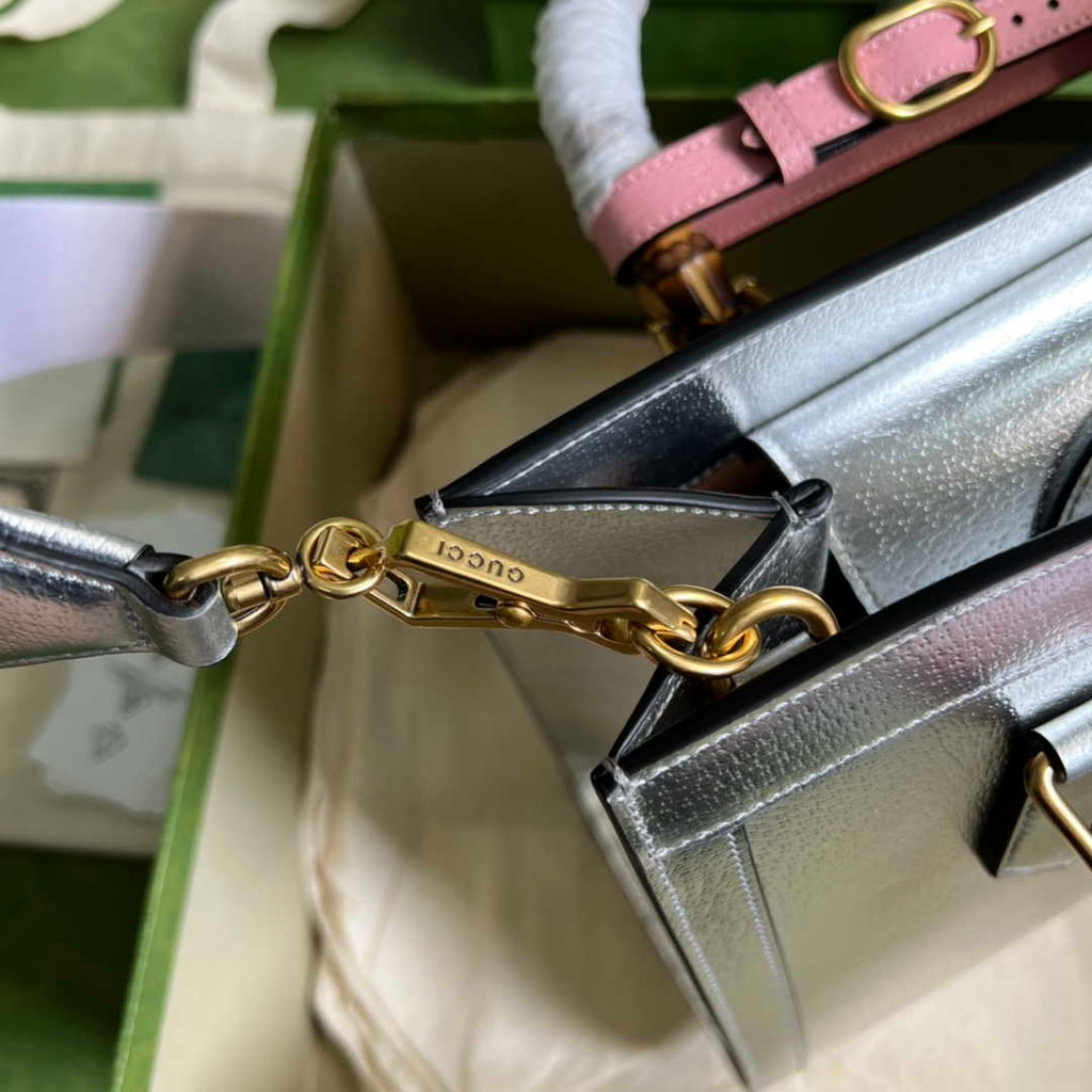 Gucci 702721 Diana Small Tote Bag Silver Leather