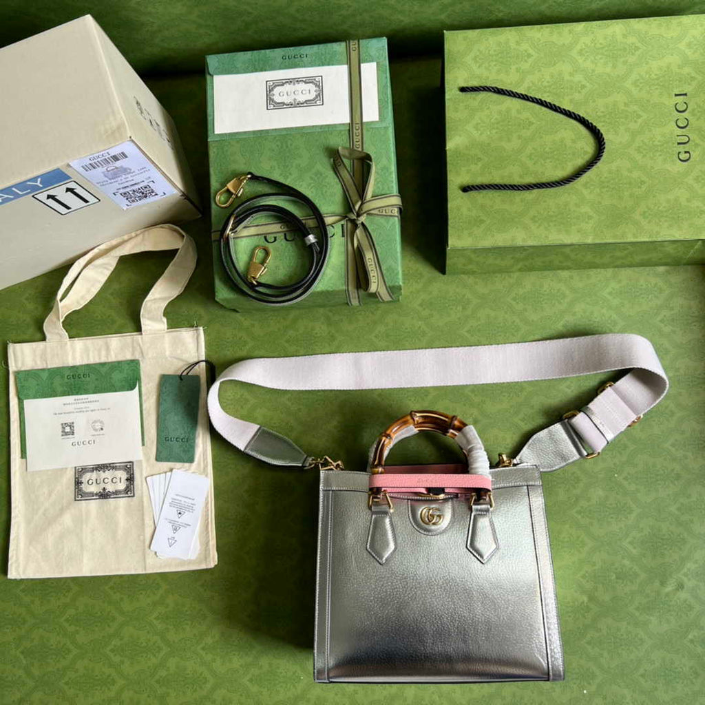 Gucci 702721 Diana Small Tote Bag Silver Leather
