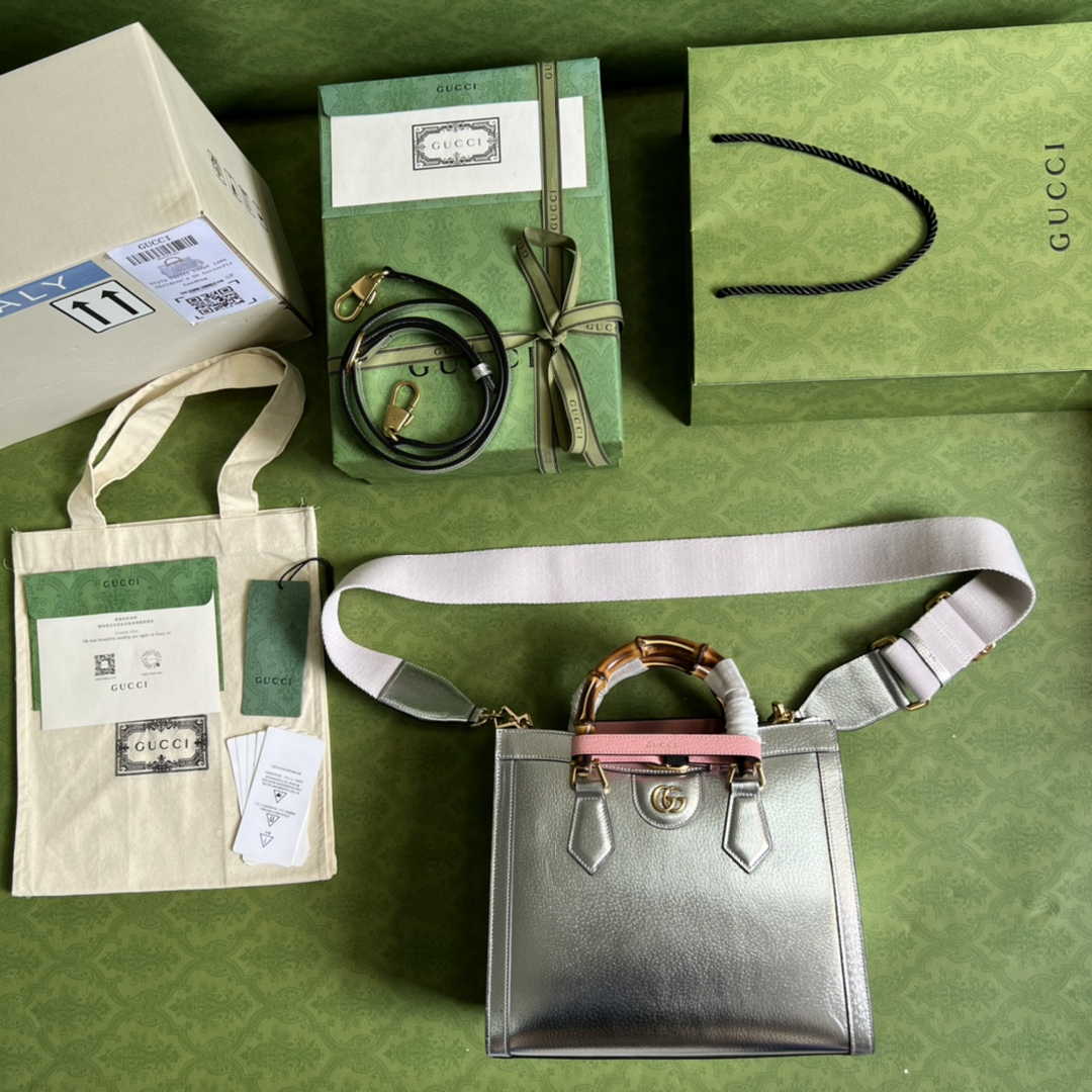 Gucci 702721 Diana Small Tote Bag Silver Leather