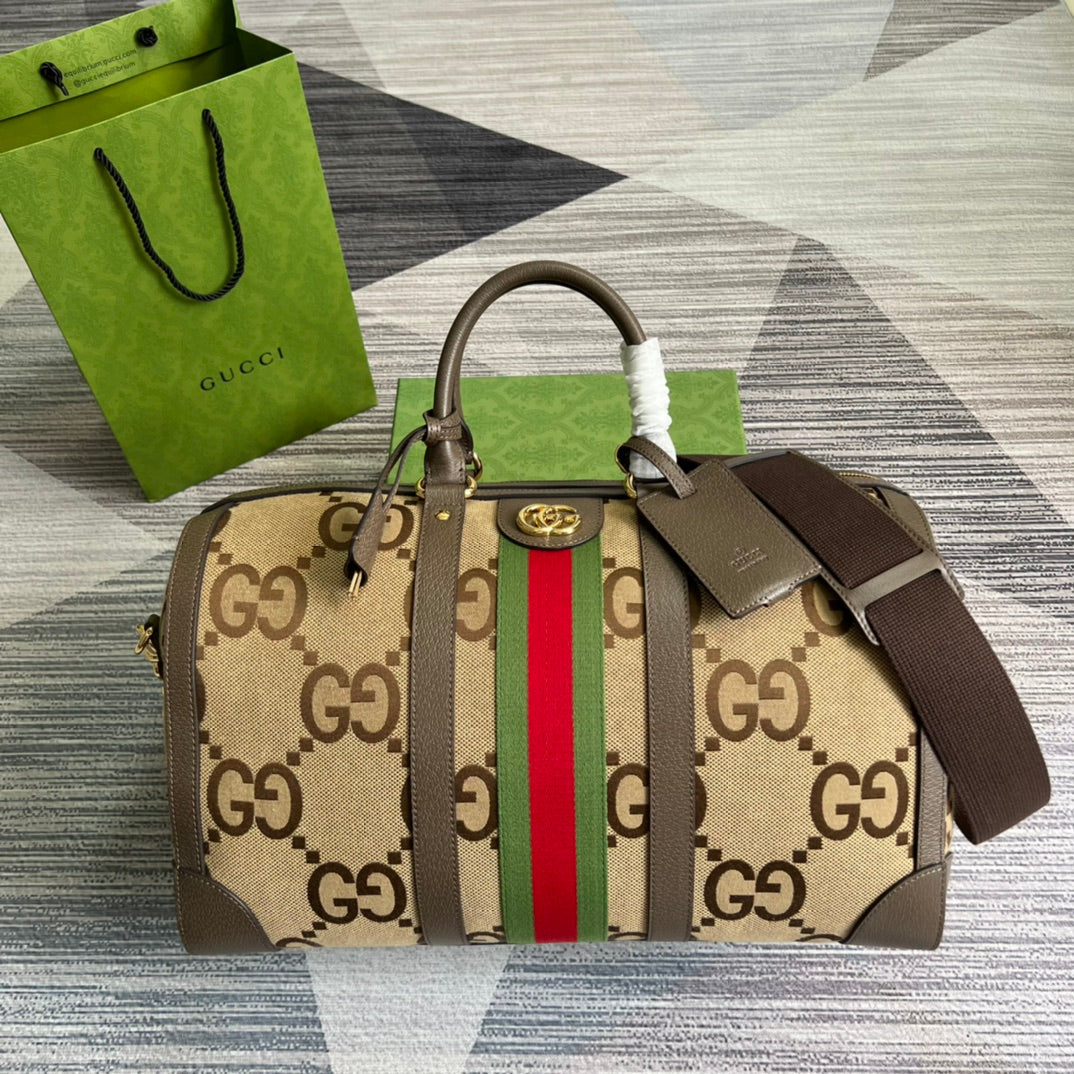 Gucci 724642 Jumbo GG small duffle bag in camel and ebony GG canvas