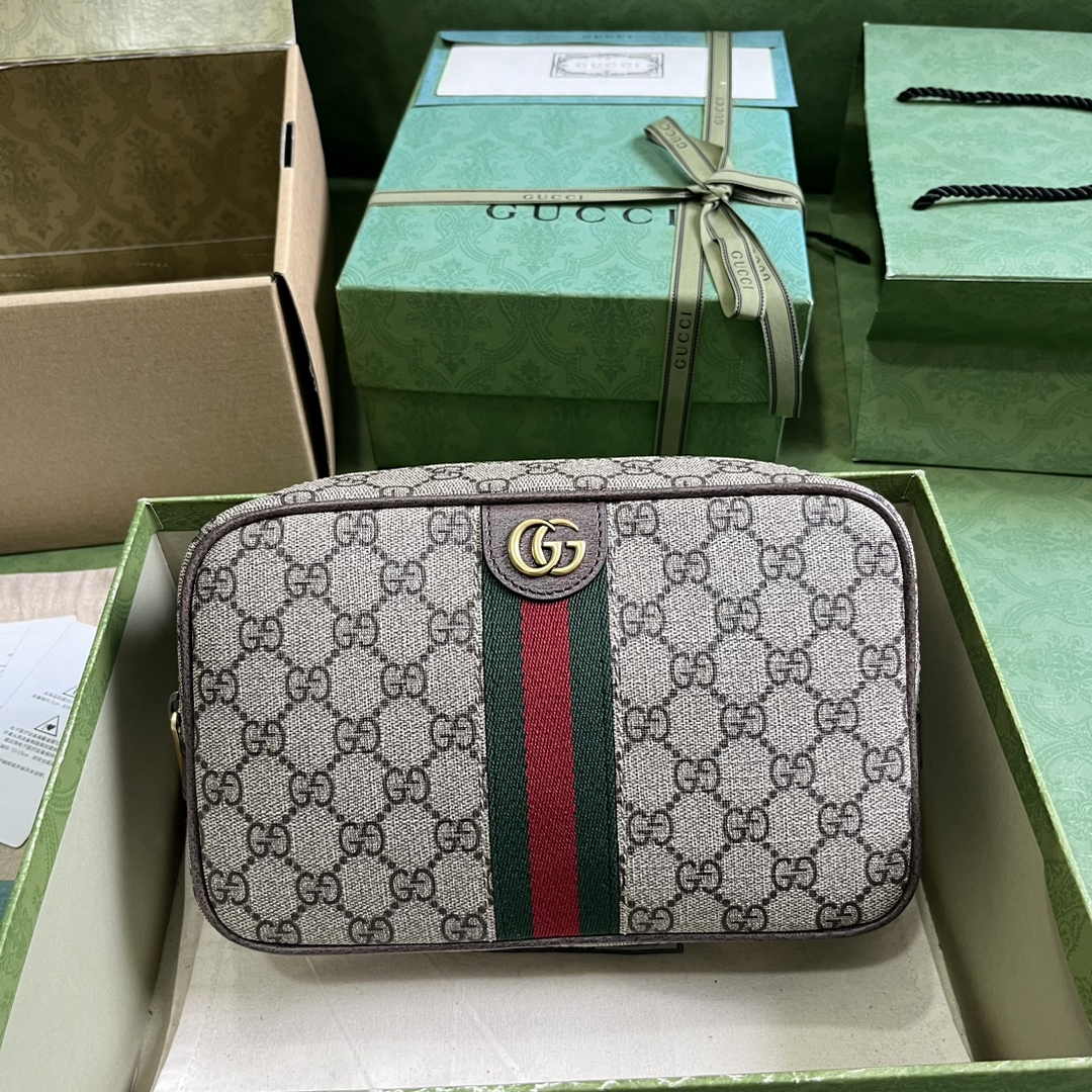 Gucci 760019 Savoy toiletry case with Web Beige and ebony GG Supreme canvas