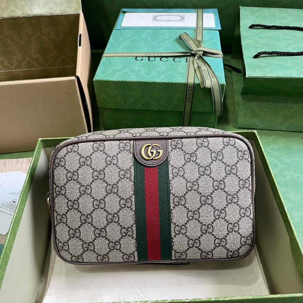 Gucci 760019 Savoy toiletry case with Web Beige and ebony GG Supreme canvas