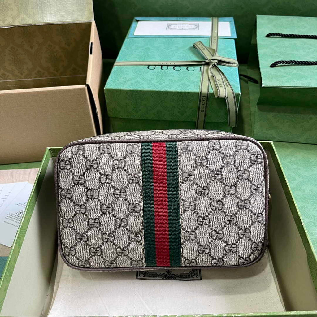 Gucci 760019 Savoy toiletry case with Web Beige and ebony GG Supreme canvas