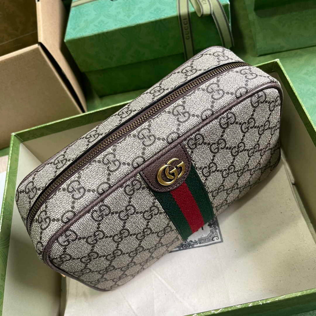 Gucci 760019 Savoy toiletry case with Web Beige and ebony GG Supreme canvas