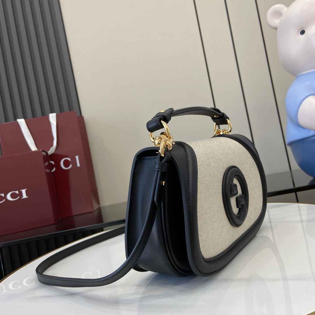 Gucci Blondie small top handle bag in beige cotton black leather 815714