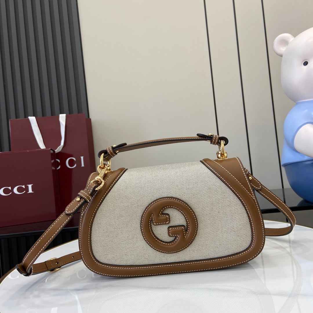 Gucci Blondie small top handle bag in beige cotton brown leather 815714