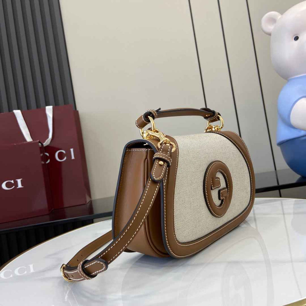 Gucci Blondie small top handle bag in beige cotton brown leather 815714