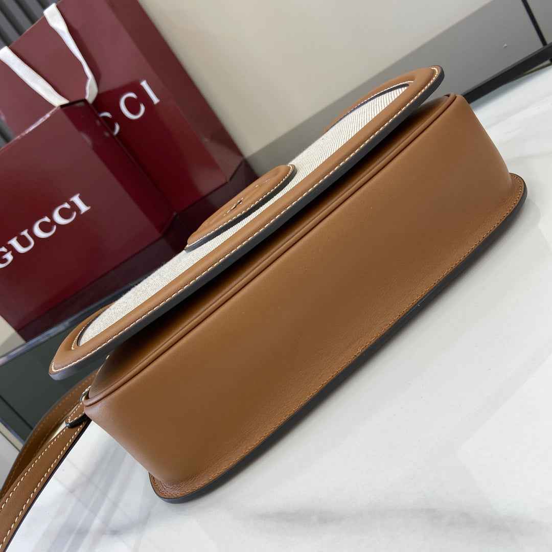 Gucci Blondie small top handle bag in beige cotton brown leather 815714