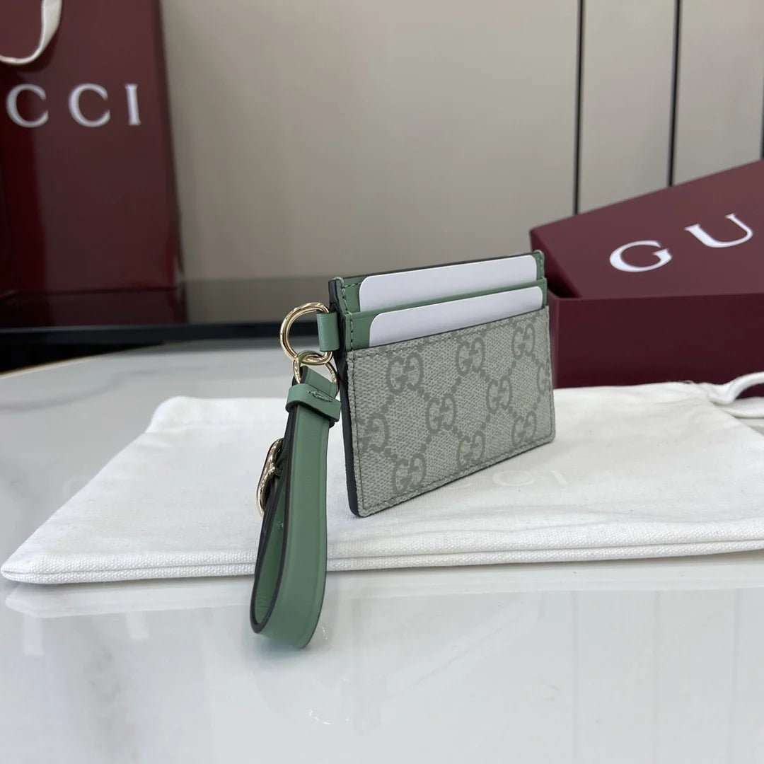 Gucci GG Emblem card case with strap 819121 beige and green fabric