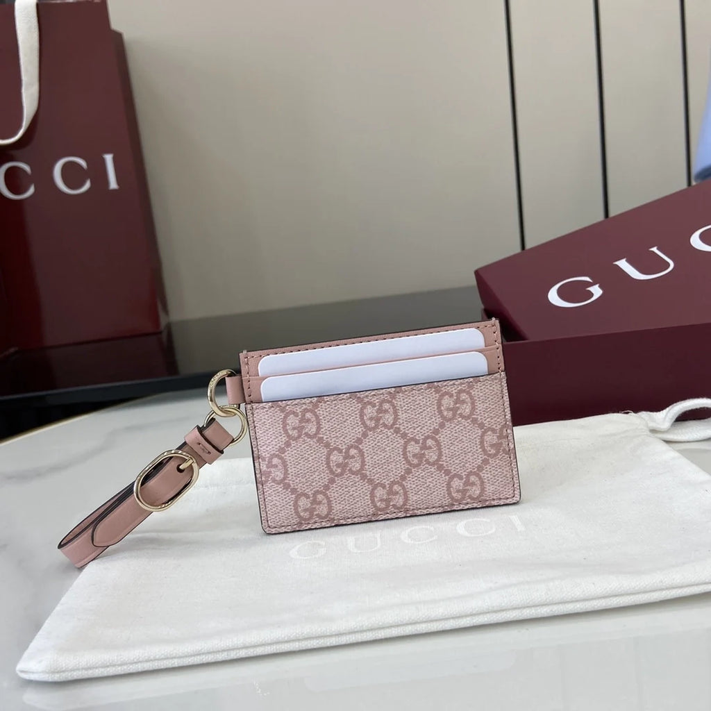Gucci GG Emblem card case with strap 819121 pink leather