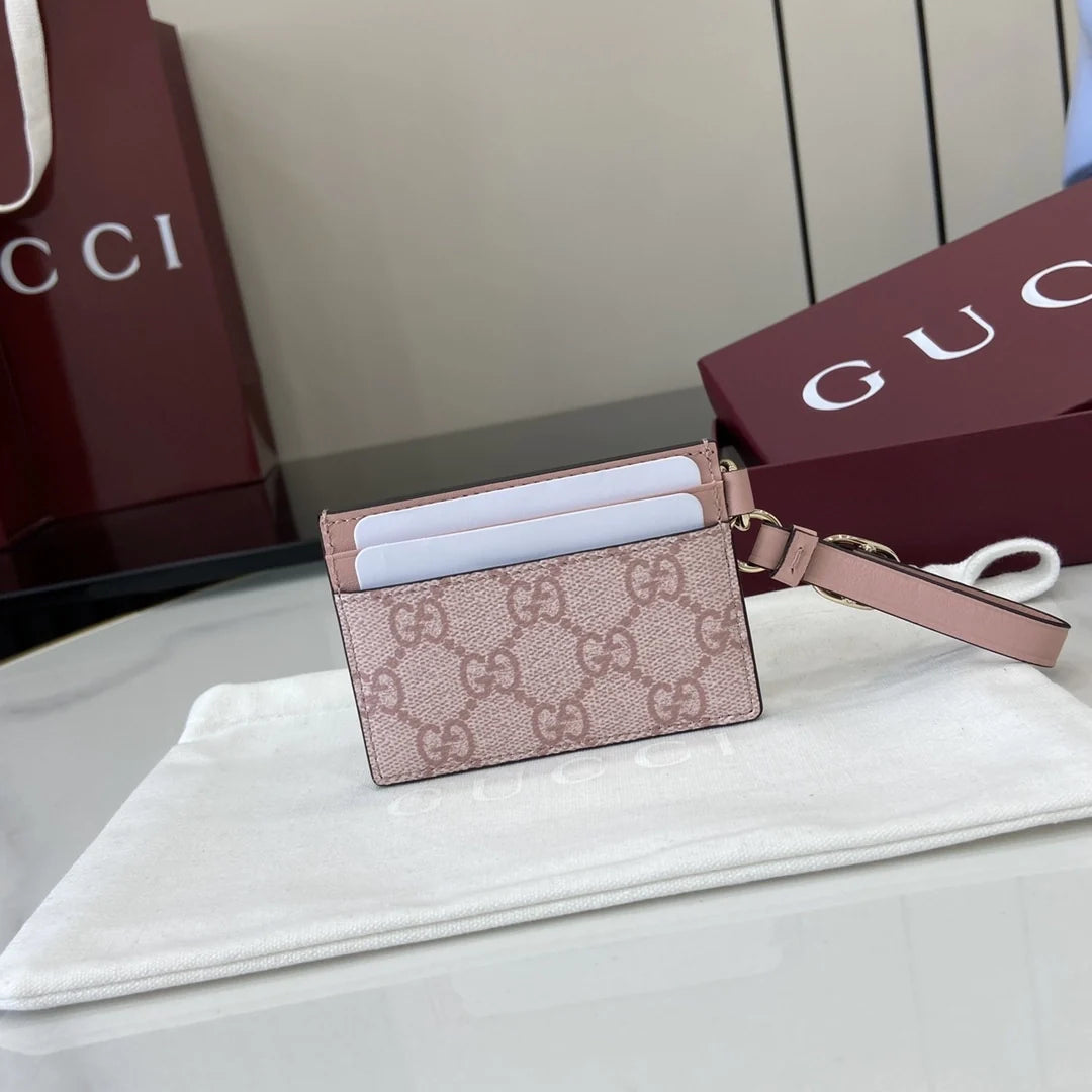 Gucci GG Emblem card case with strap 819121 pink leather