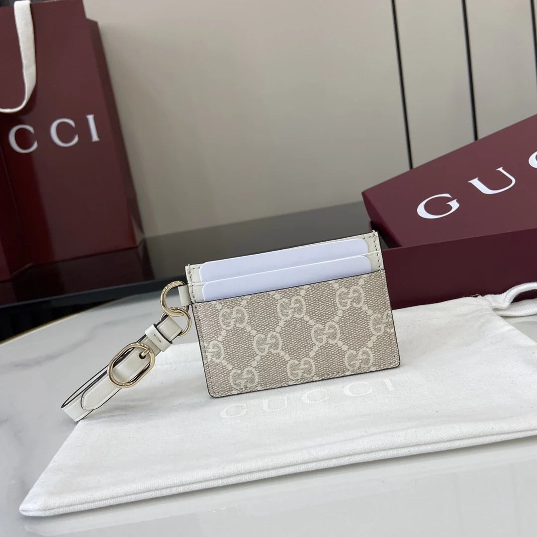 Gucci GG Emblem card case with strap 819121 beige and white fabric
