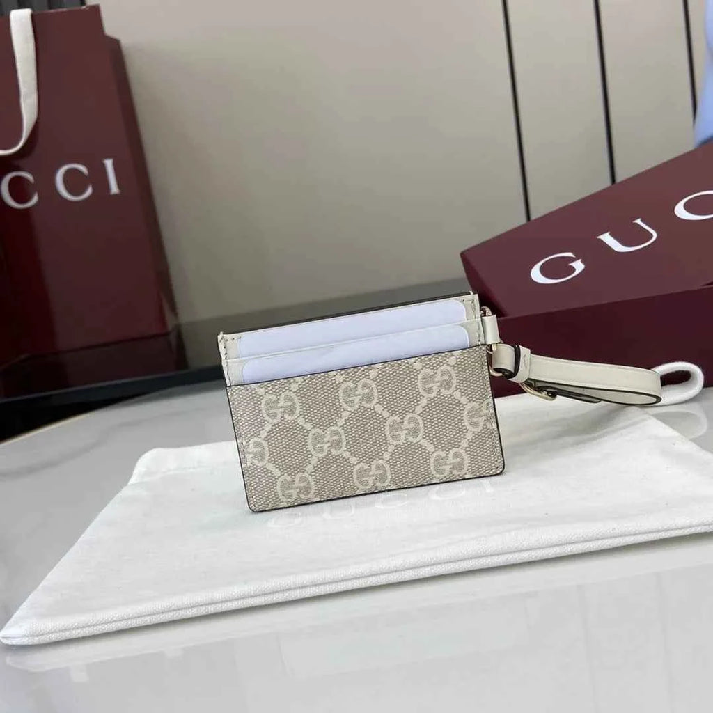 Gucci GG Emblem card case with strap 819121 beige and white fabric