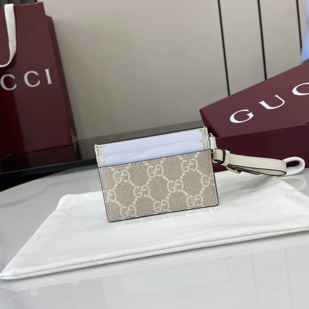 Gucci GG Emblem card case with strap 819121 beige and white fabric
