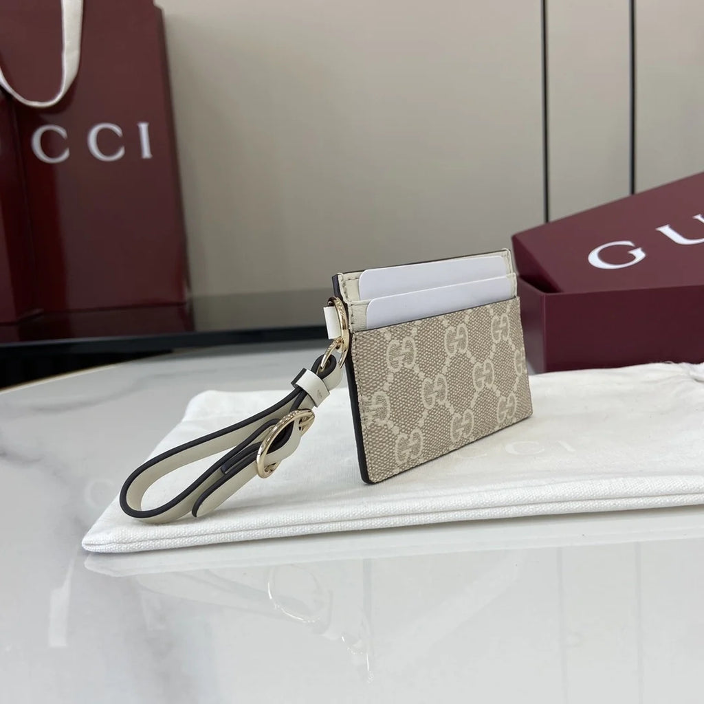 Gucci GG Emblem card case with strap 819121 beige and white fabric