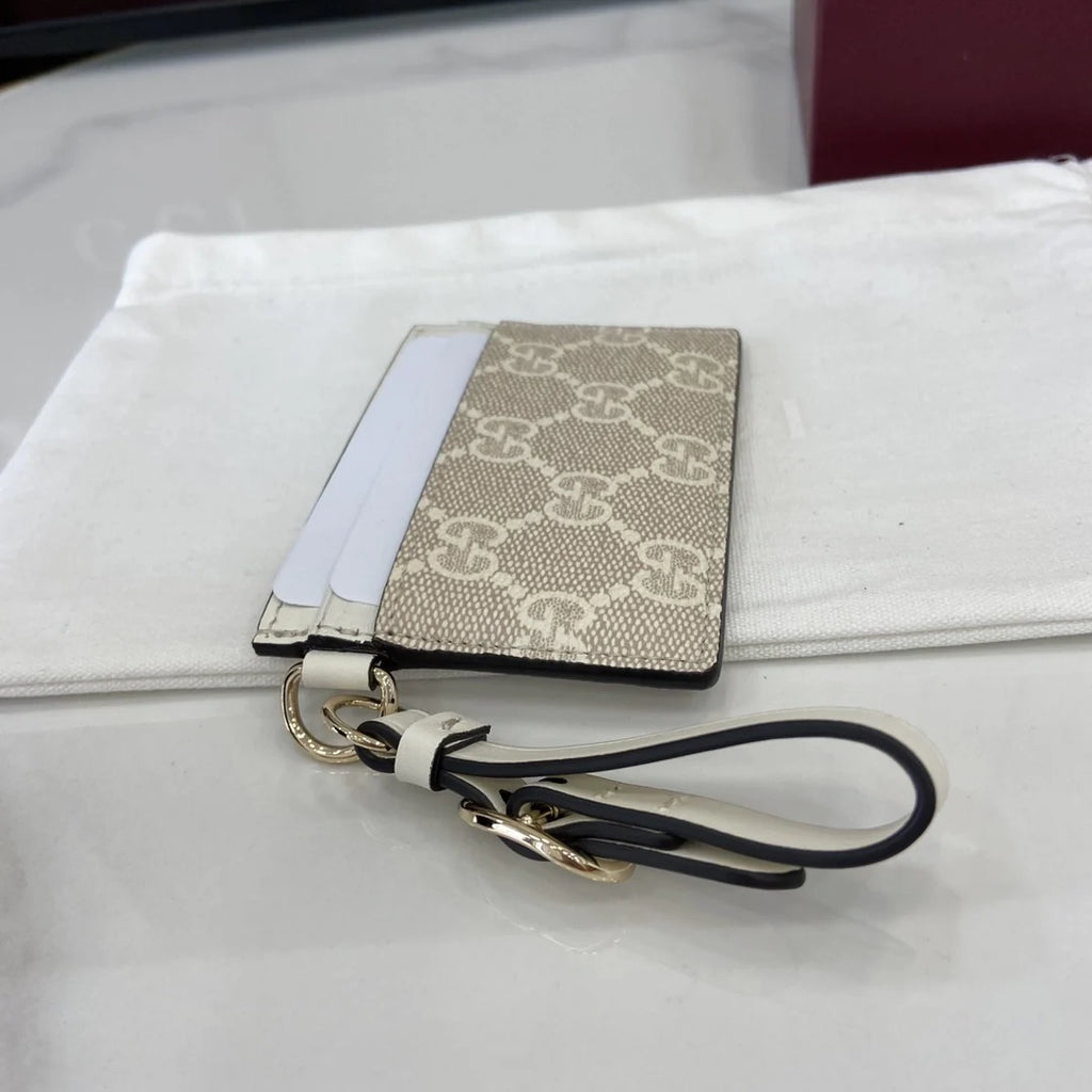 Gucci GG Emblem card case with strap 819121 beige and white fabric