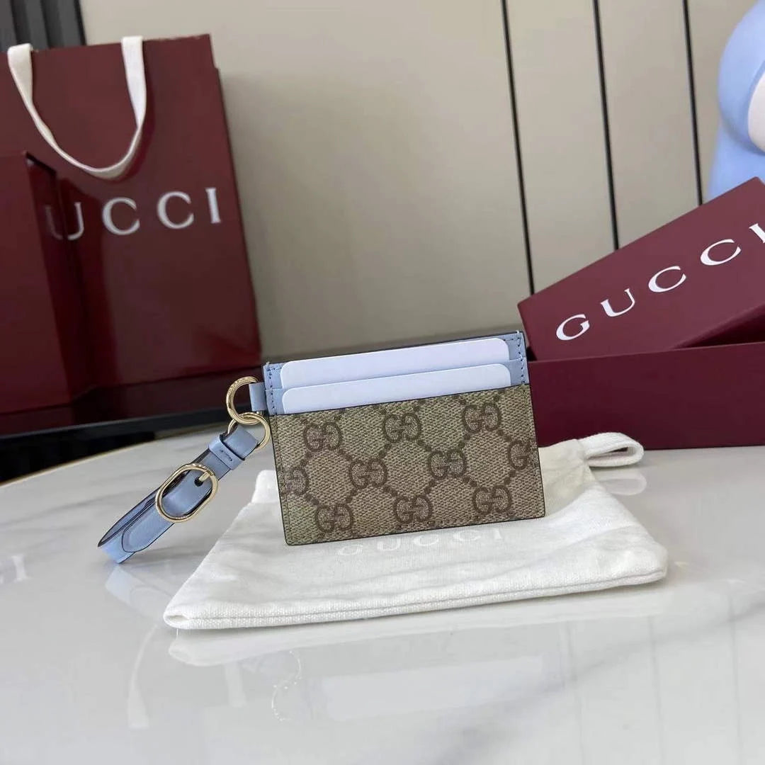 Gucci GG Emblem card case with strap 819121 beige and blue fabric