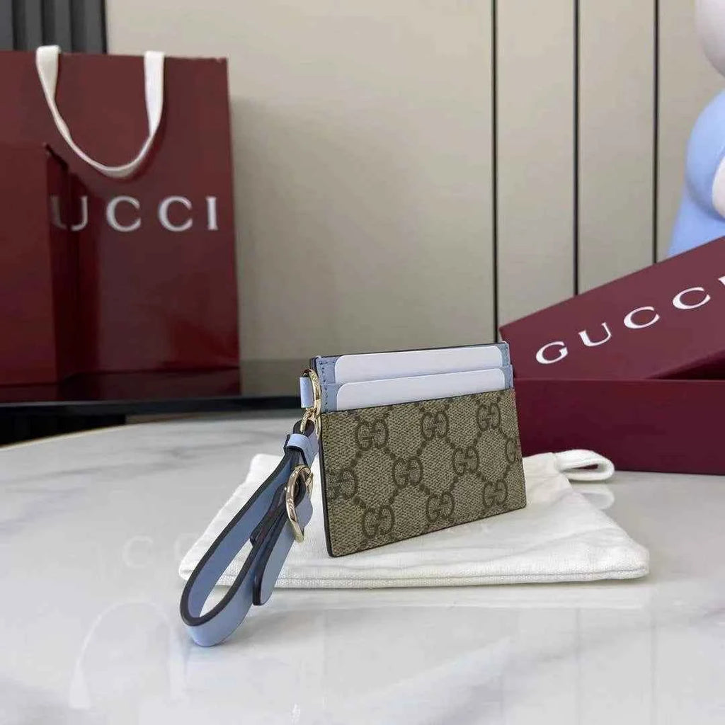 Gucci GG Emblem card case with strap 819121 beige and blue fabric