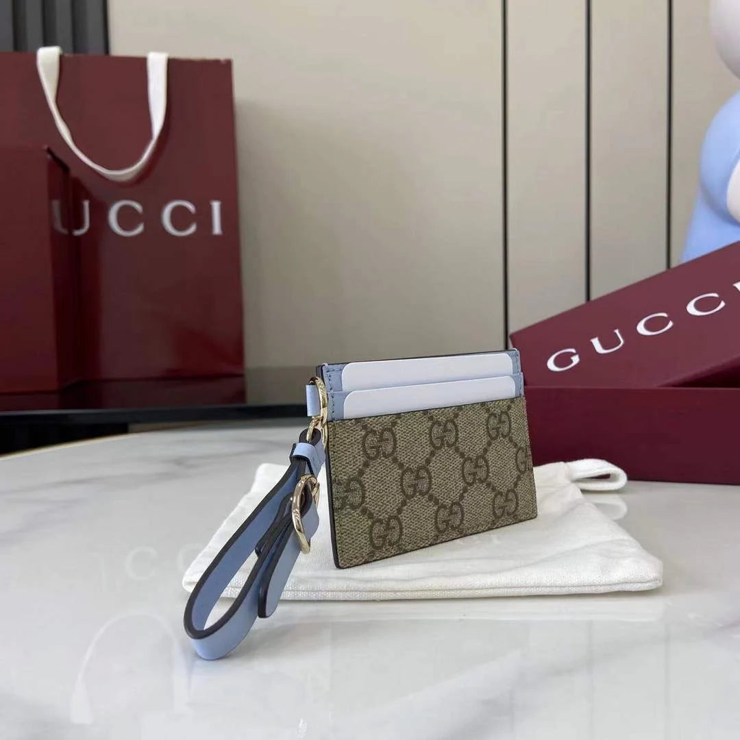 Gucci GG Emblem card case with strap 819121 beige and blue fabric