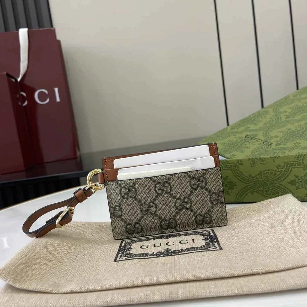 Gucci GG Emblem card case with strap 819121 beige and dark brown fabric
